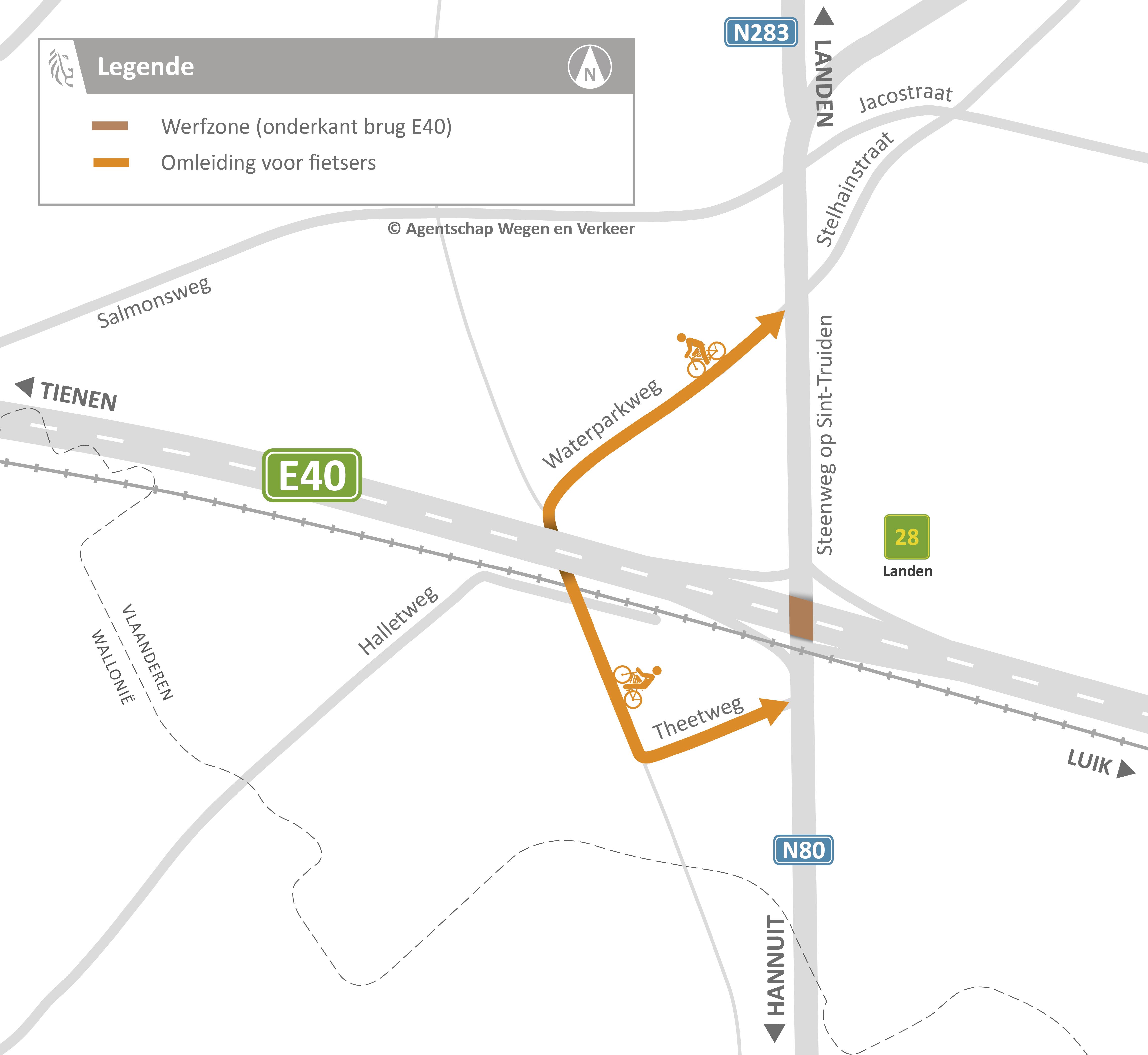 Omleiding voor fietsers tijdens de werken aan de kokers van de brug E40