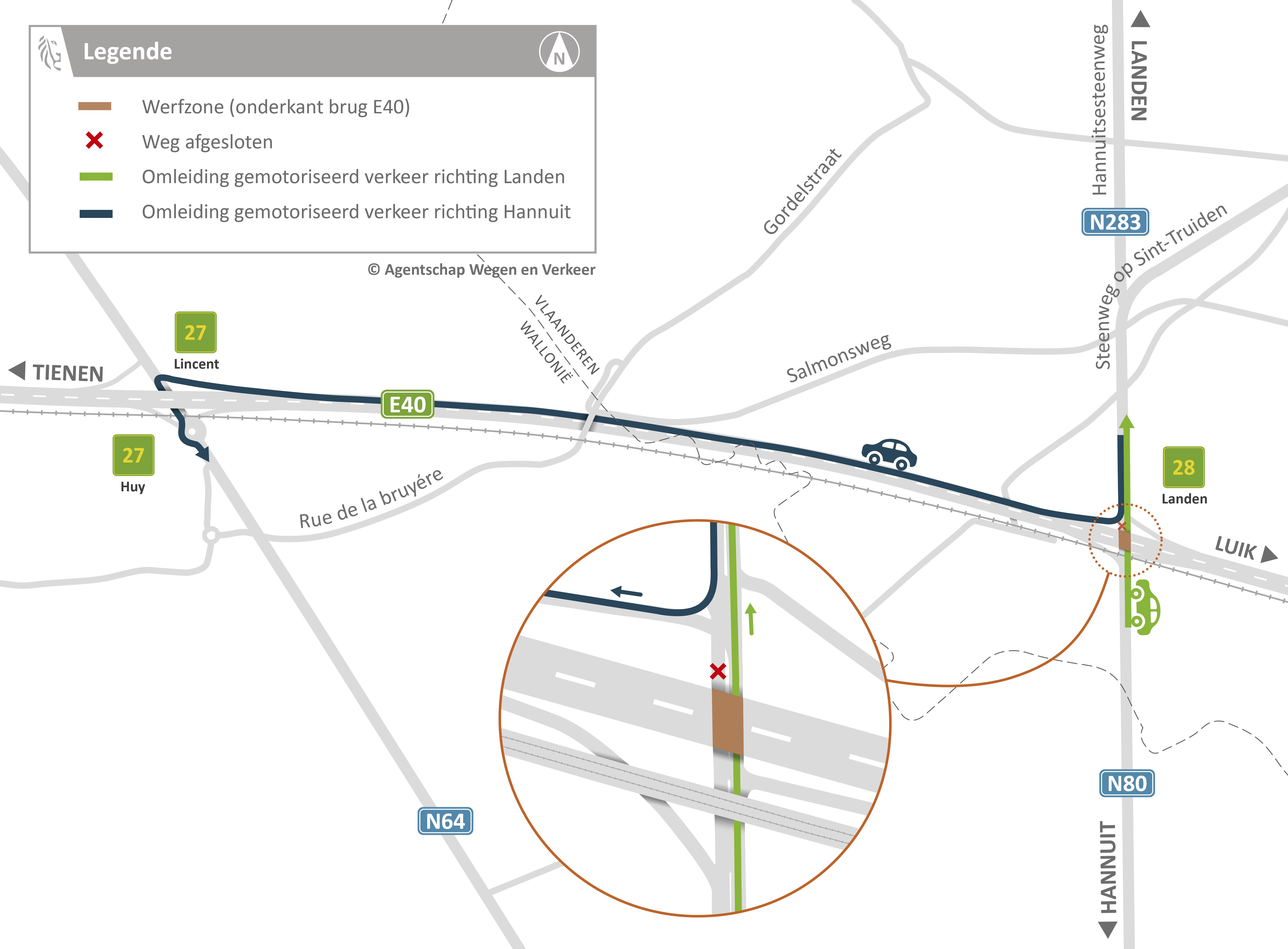 Omleiding voor gemotoriseerd verkeer tijdens de werken aan de kokers van de brug E40