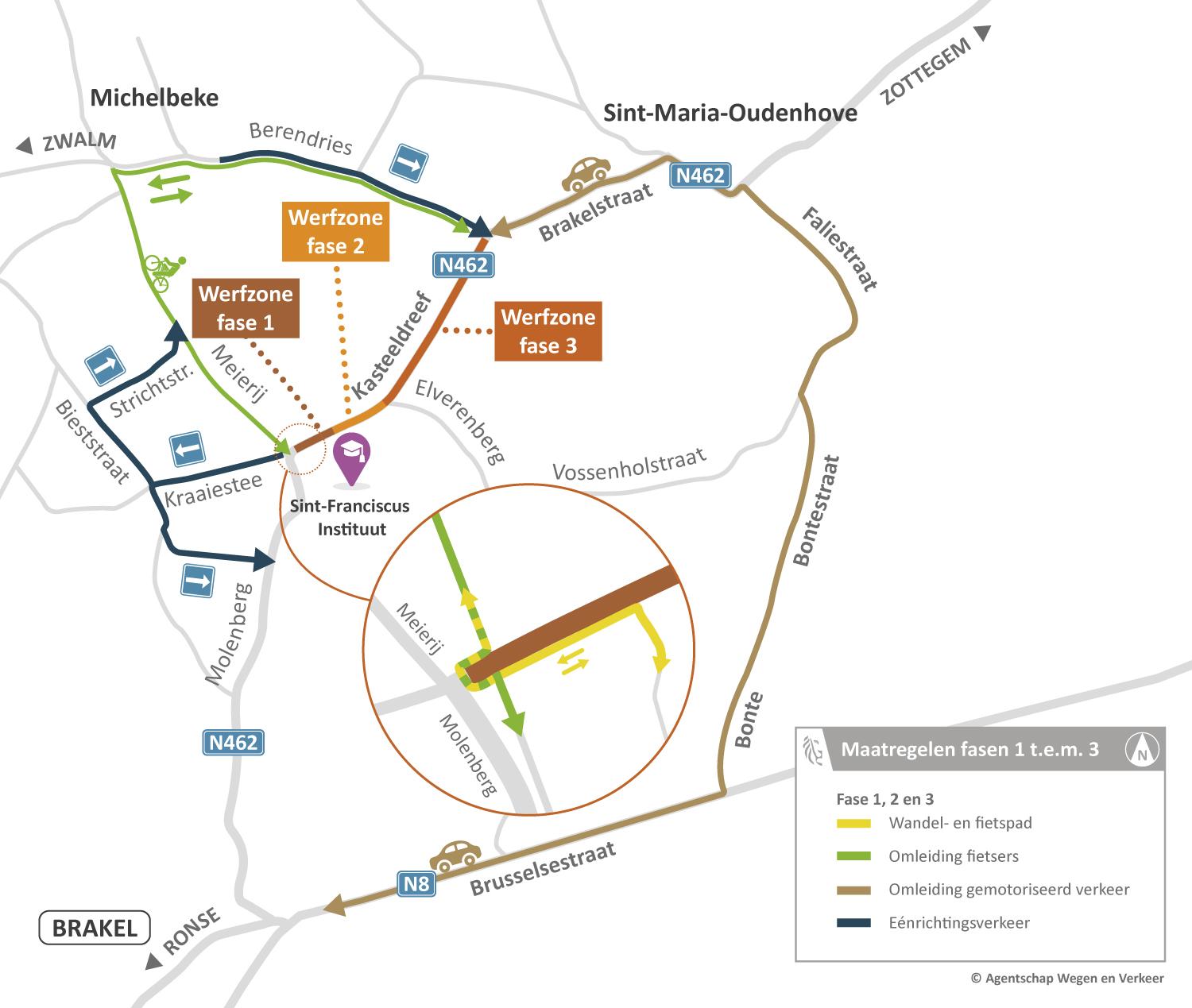 De verkeerssituatie met de verschillende werfzones in kaart.