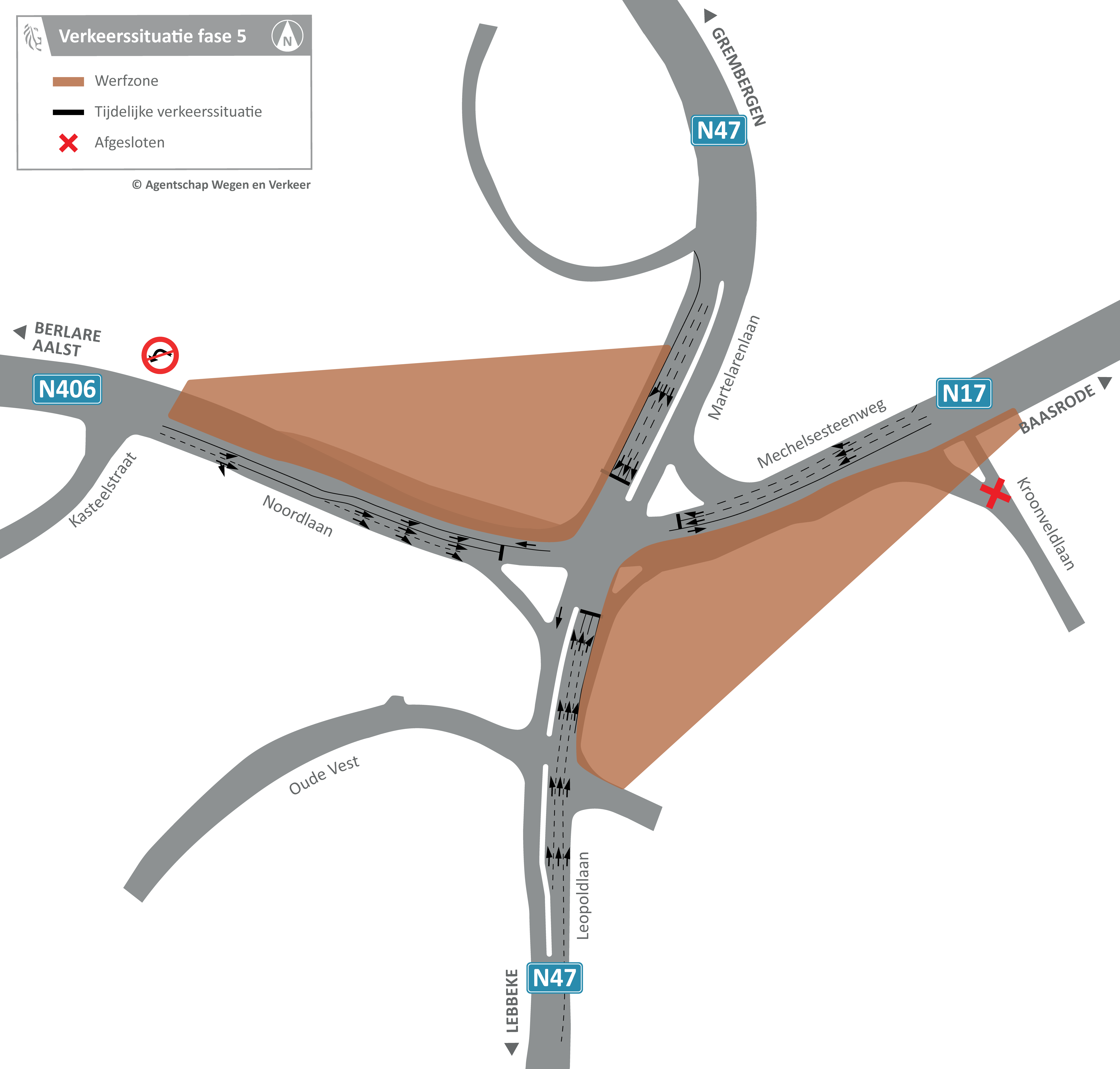 Verkeerssituatie op kruispunt Mechelse Poort tijdens fase 5 van de werken.