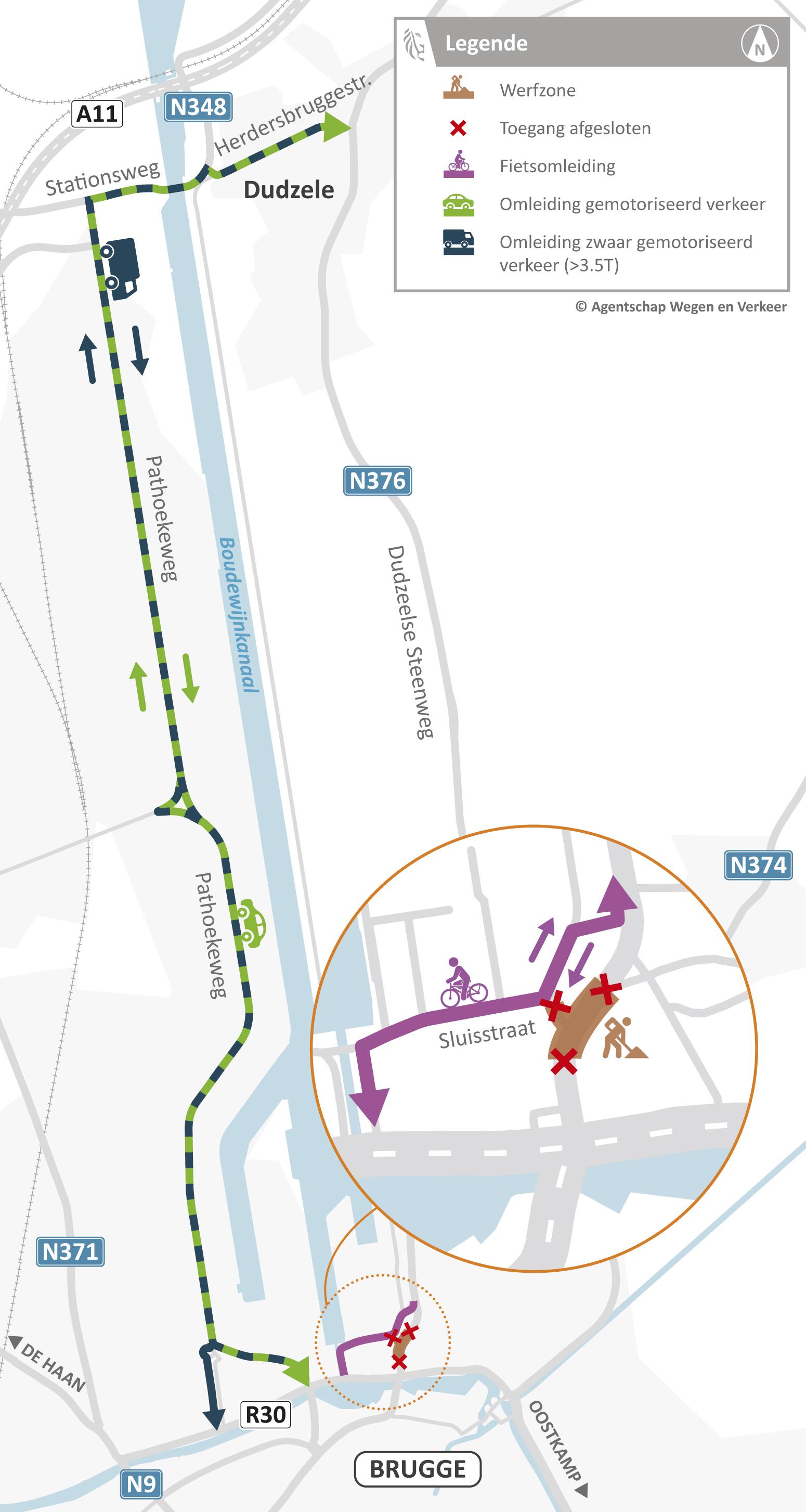 Krommestraat en Havenstraat (N376) x Sluisstraat - omleidingskaart