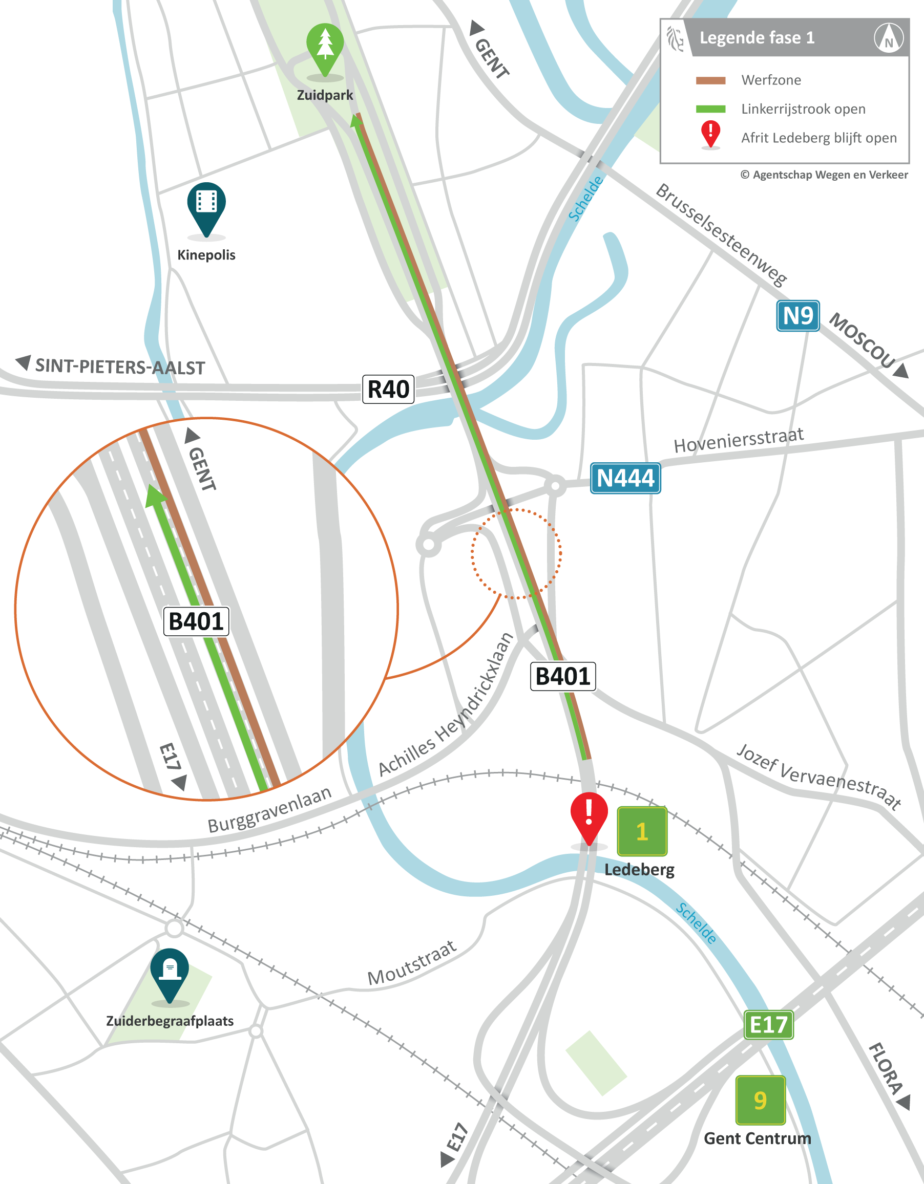 B401 Gent - verkeerssituatie fase 1 (1 - 14 juni)