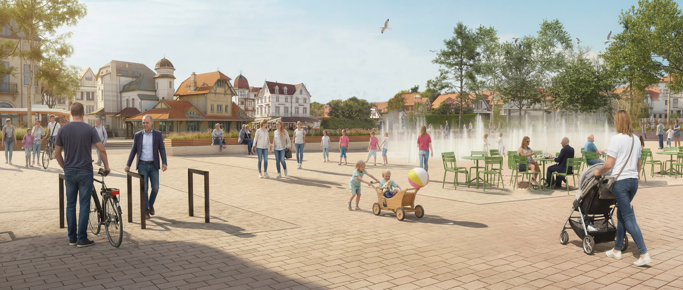 Toekomstbeeld doortocht De Haan - zicht op Tramhuisje vanop Marktplein