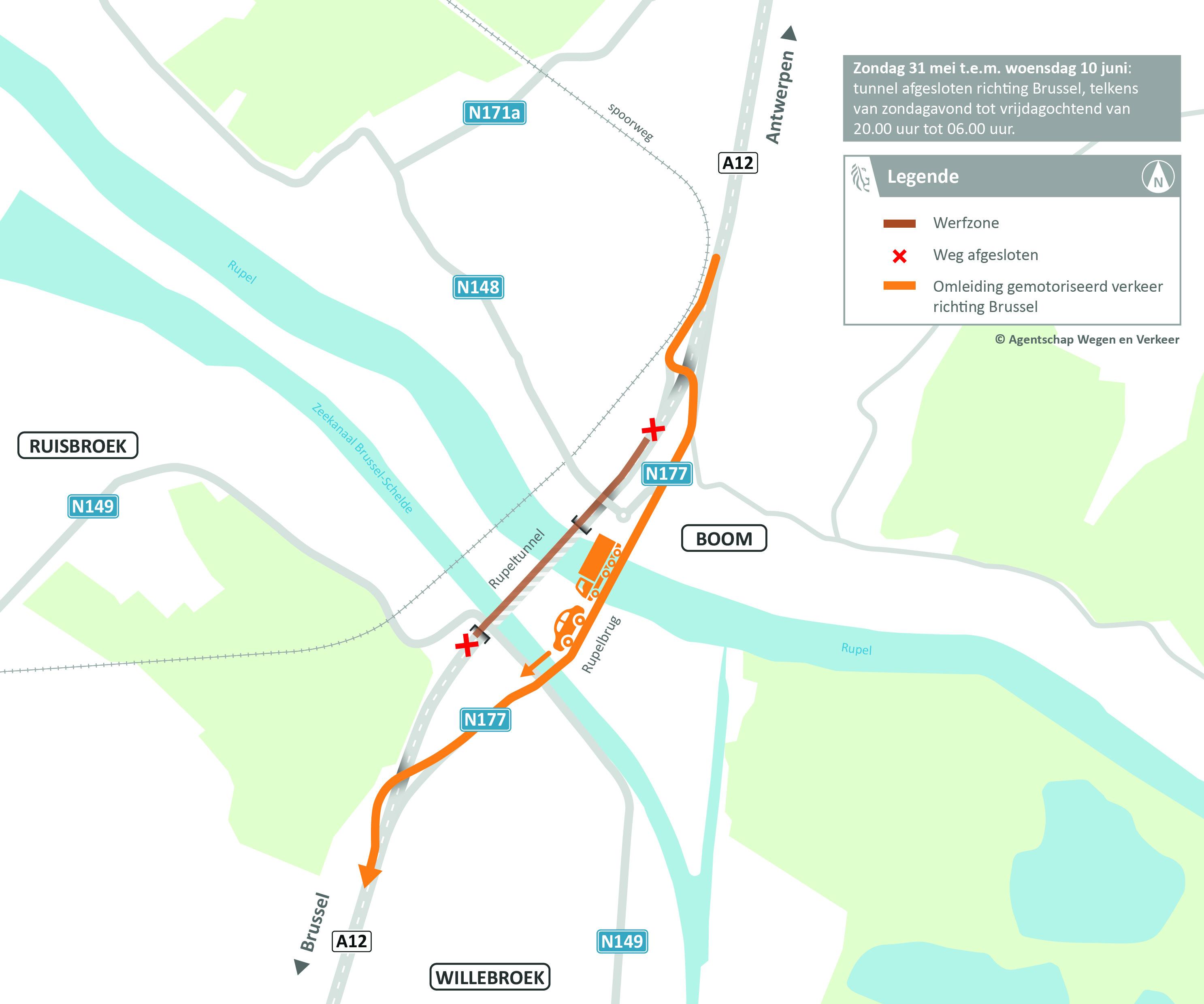 Rupeltunnel omleidingsplan werken aan richting BRU