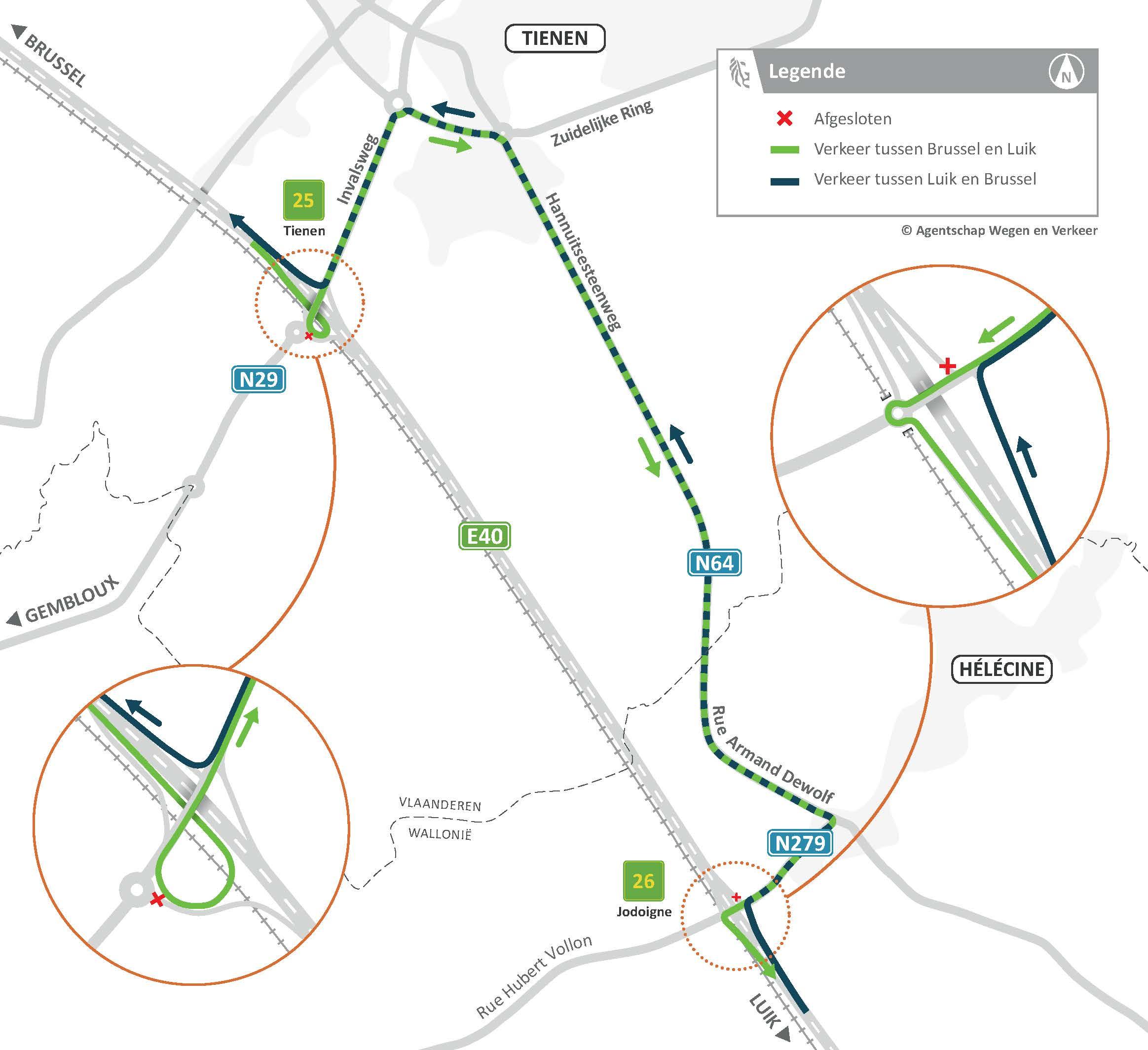 Omleiding tijdens de afsluiting van de E40 voor de afbraak van de brug in Goetsenhoven