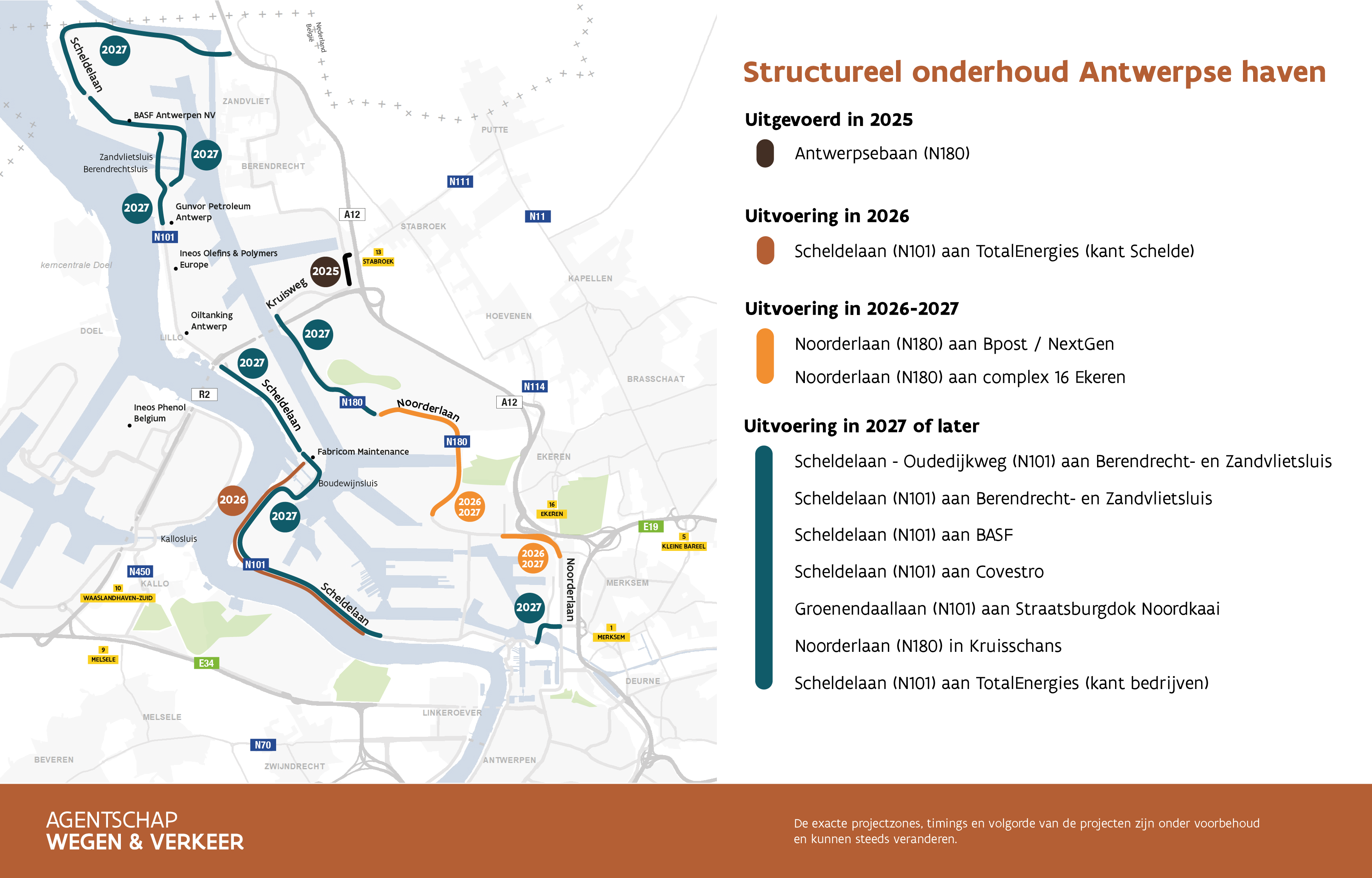 Overzichtskaart structureel onderhoud Antwerpse haven - update mei 2026