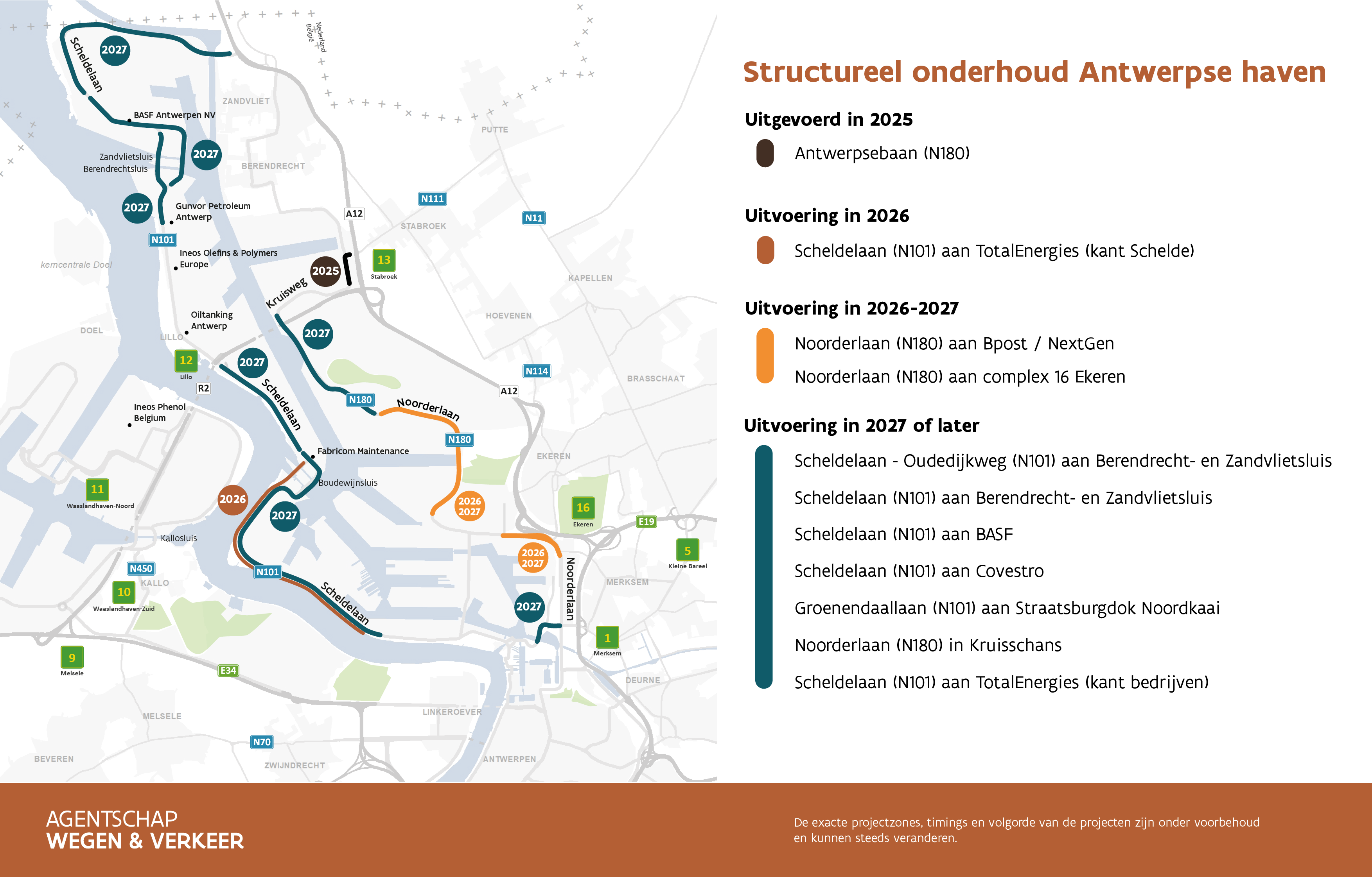 Overzichtskaart structureel onderhoud Antwerpse haven - update mei 2026