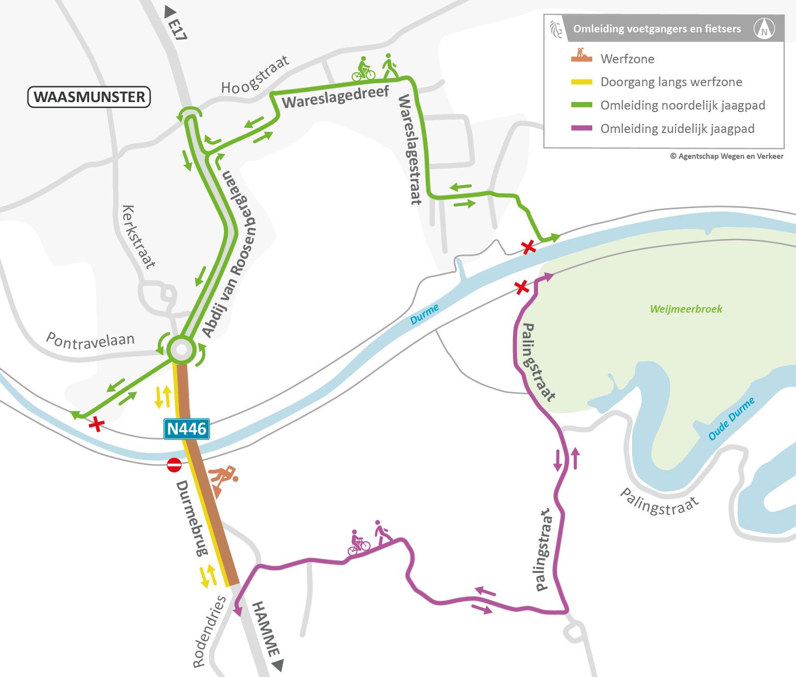 Werken Durmebrug N446 Waasmunster: omleiding voor fietsers en voetgangers