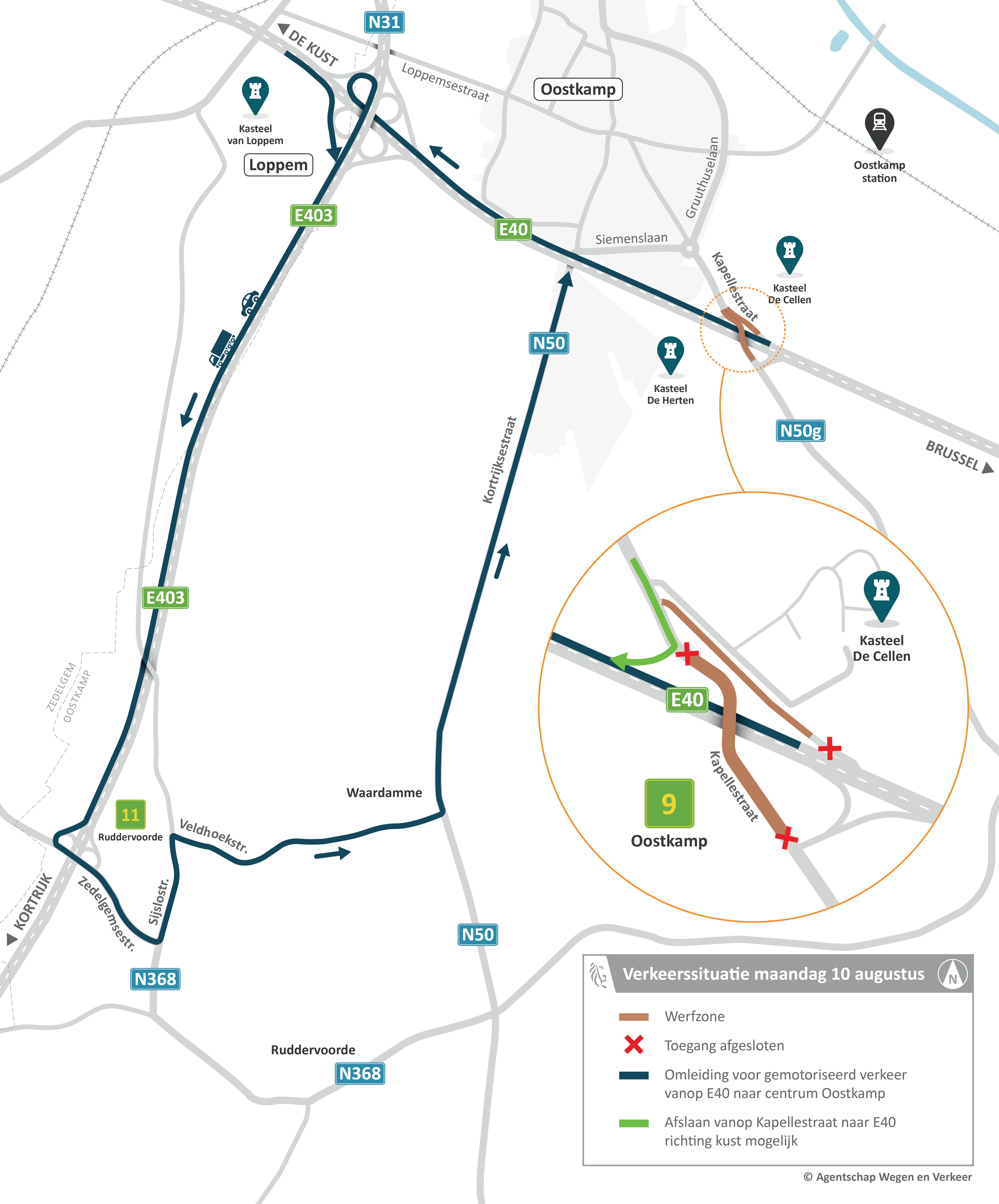 Verkeerssituatie asfalteringswerken Kapellestraat (N50g) - 10 augustus