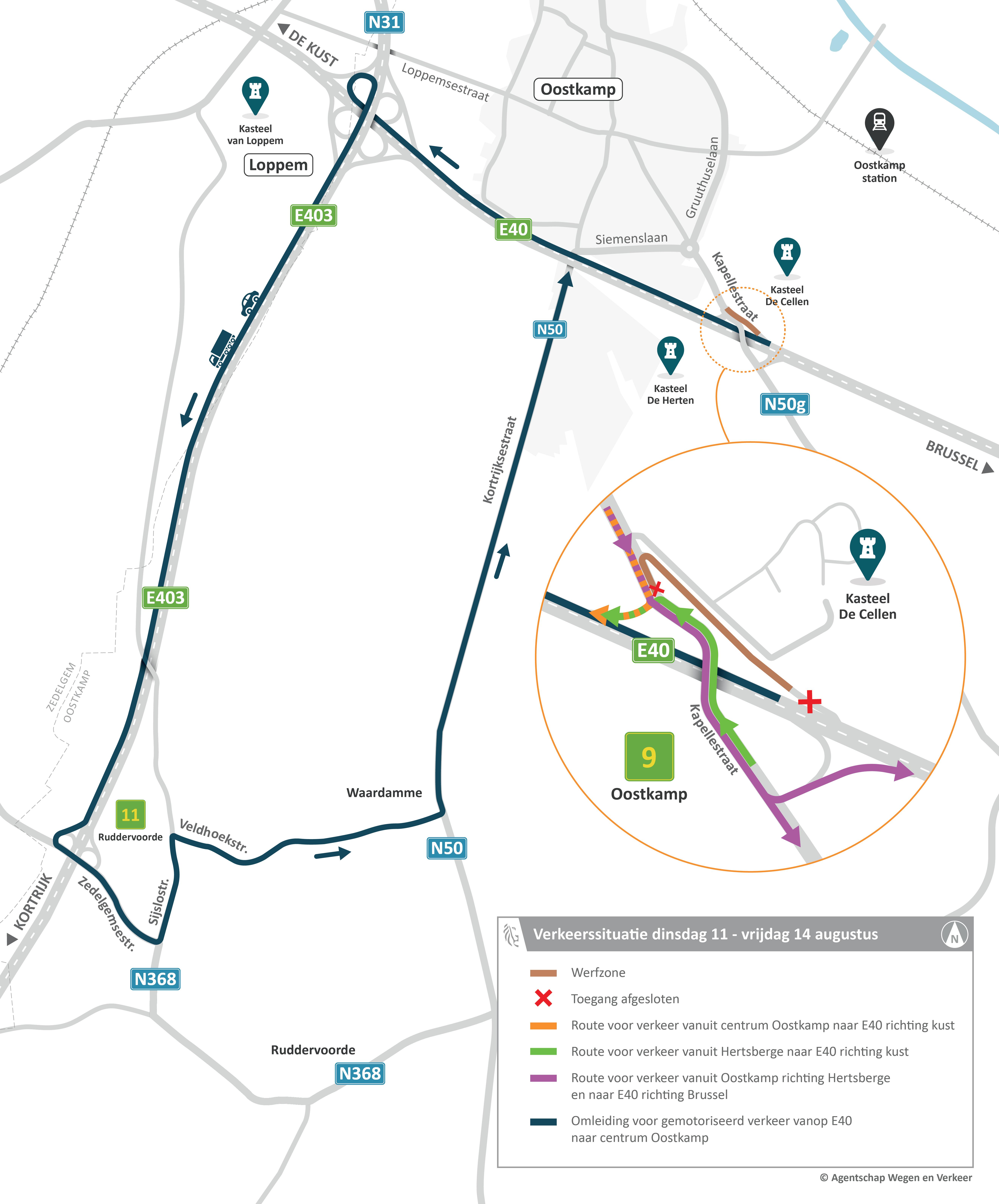 Verkeerssituatie asfalteringswerken Kapellestraat (N50g) - 11-14 augustus