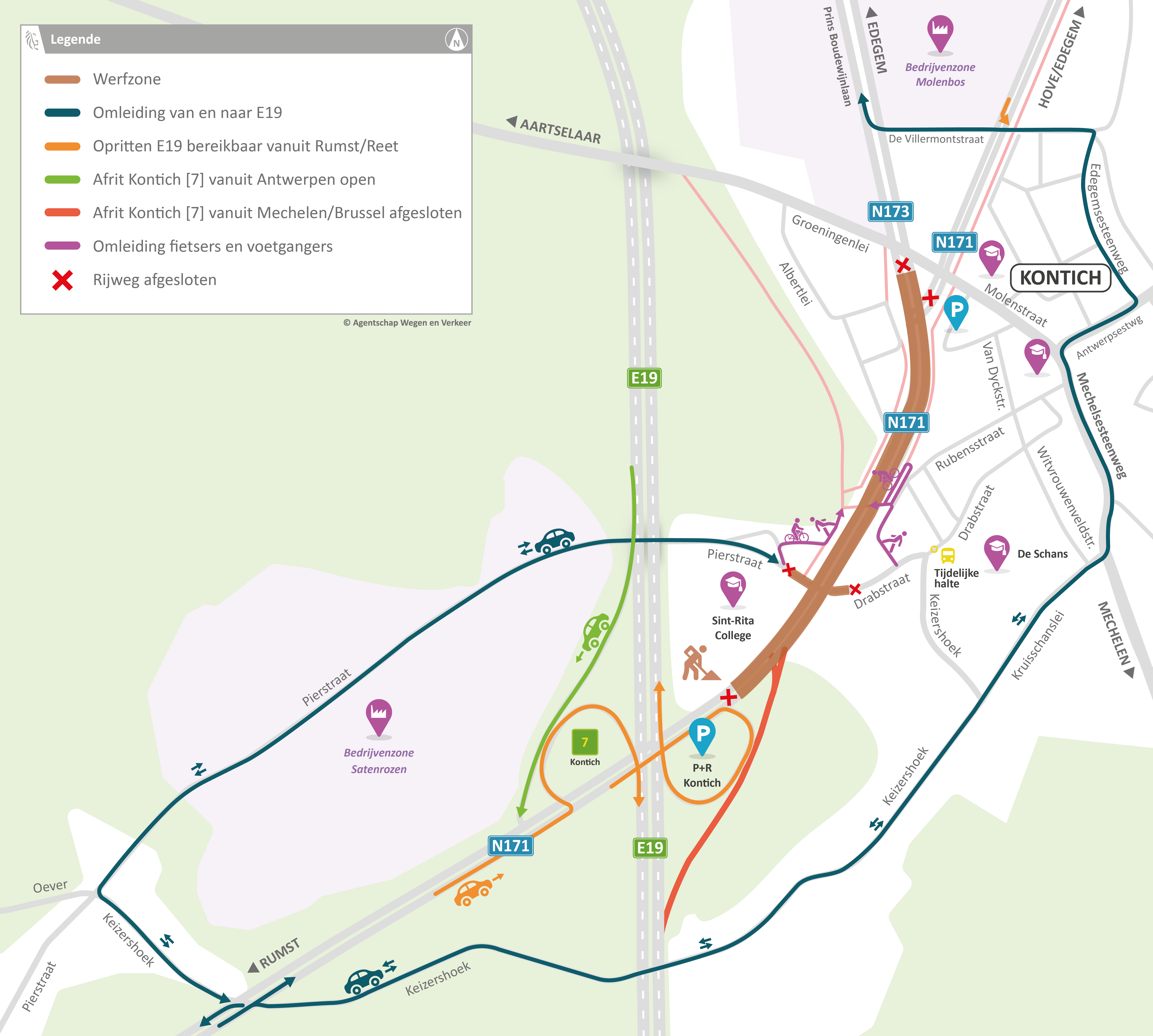 Fietstunnel Sint-Rita Kontich (N171) - Omleidingsplan van 13 tot en met 23 juli