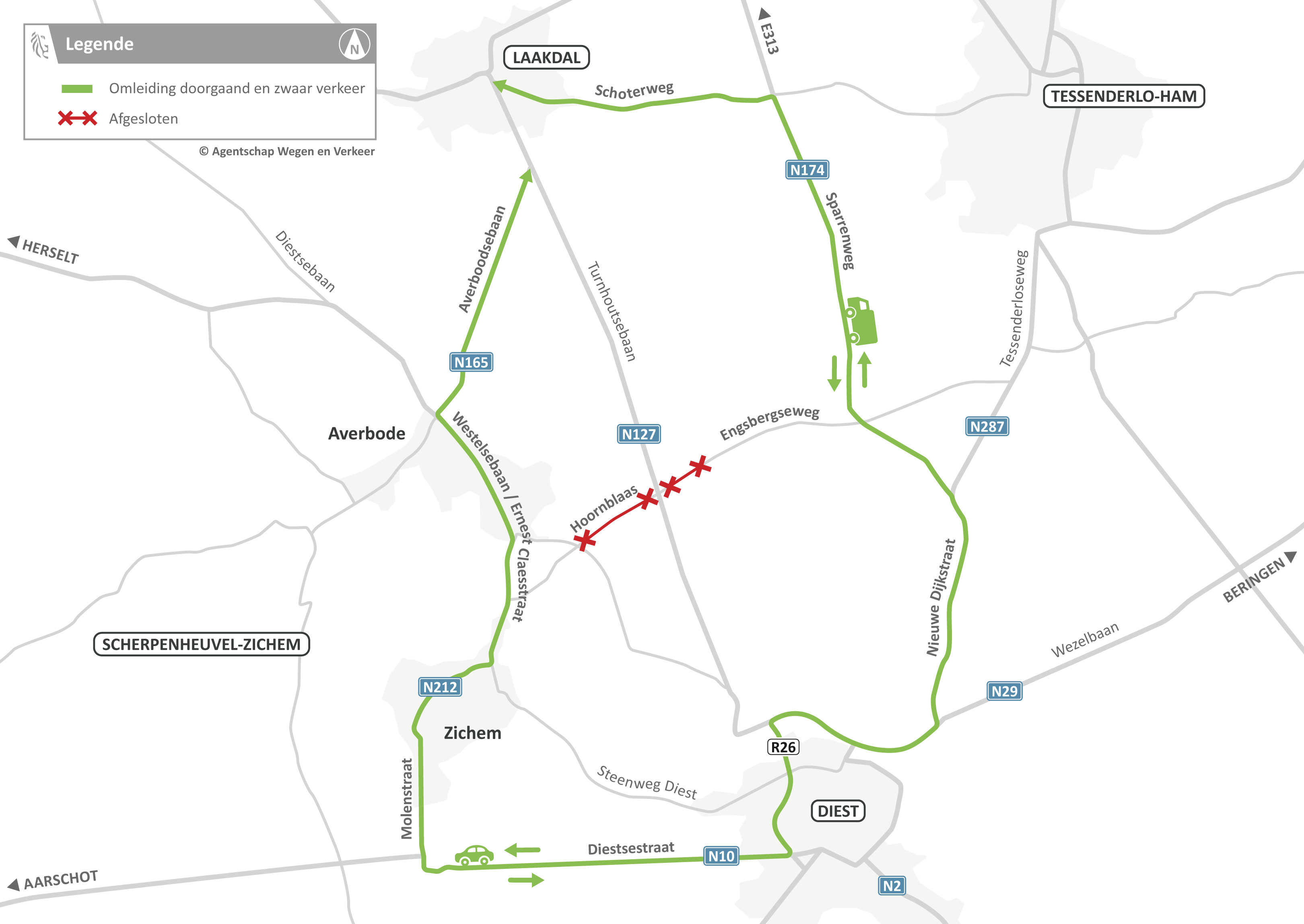 Omleidingen voor doorgaand en zwaar verkeer tijdens de werken op de Turnhoutsebaan in Scherpenheuvel-Zichem