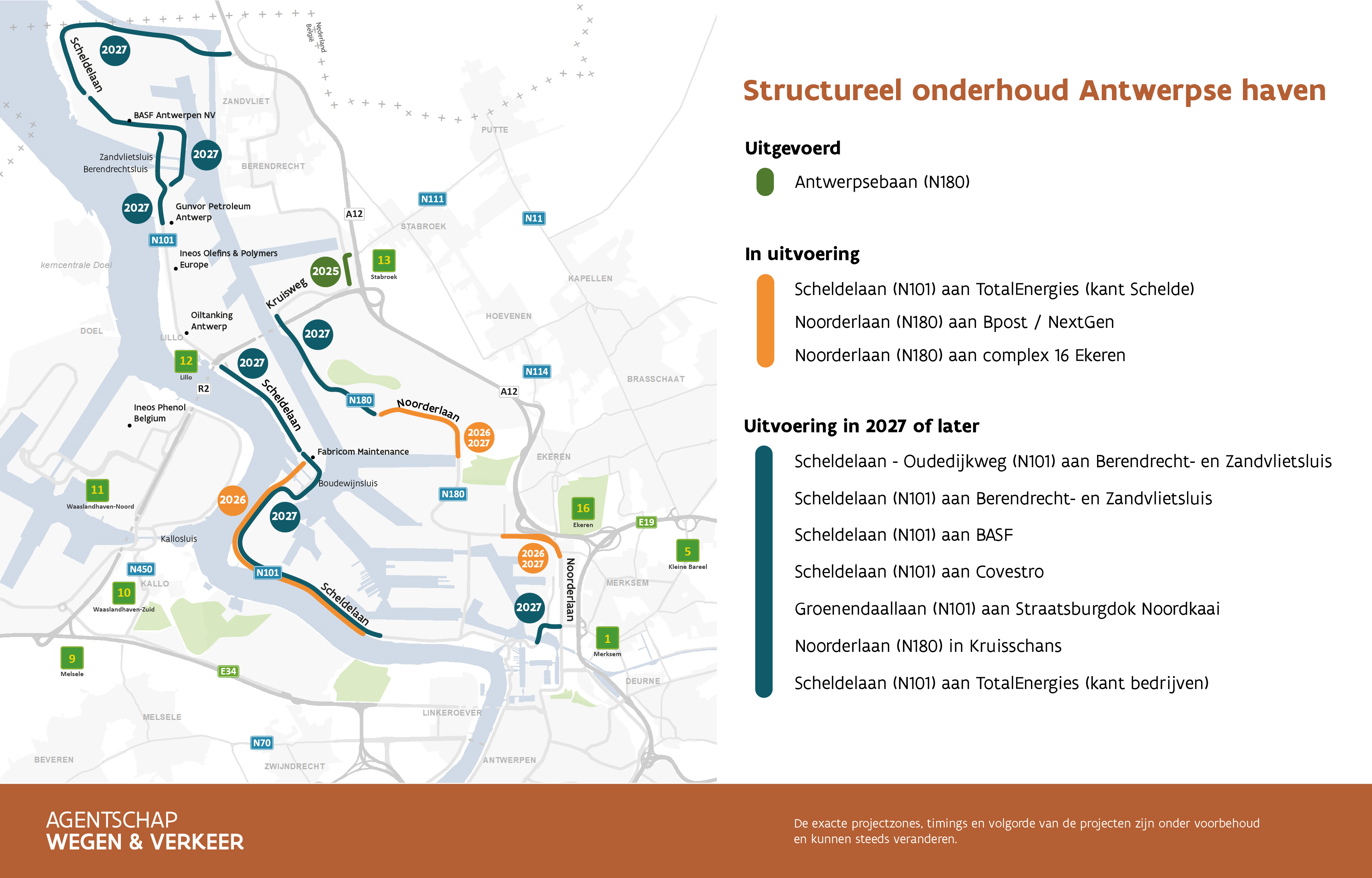 Overzichtskaart structureel onderhoud Antwerpse haven - update augustus 2026