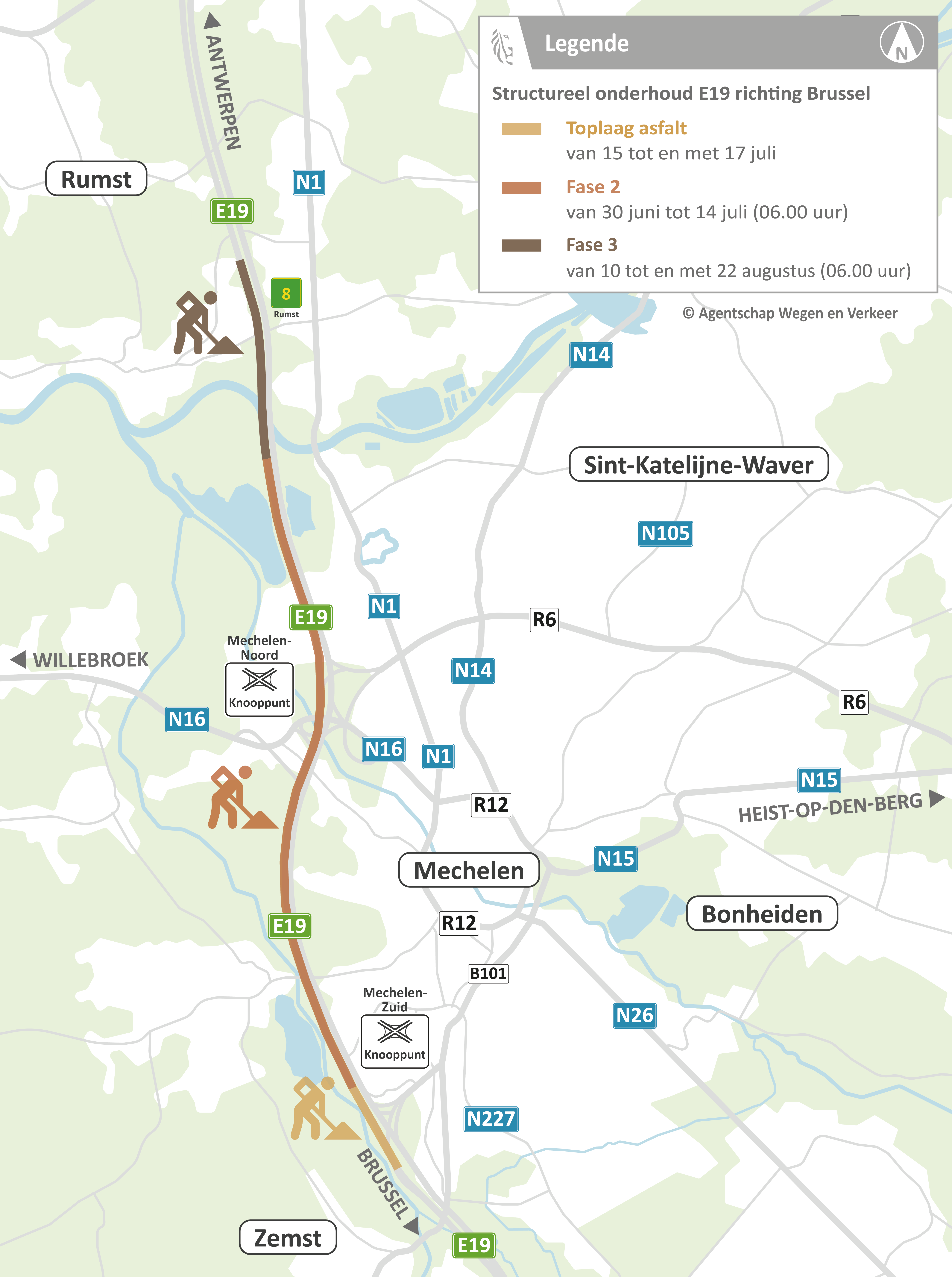 Grondige vernieuwing wegdek E19 richting Brussel - faseringsplan