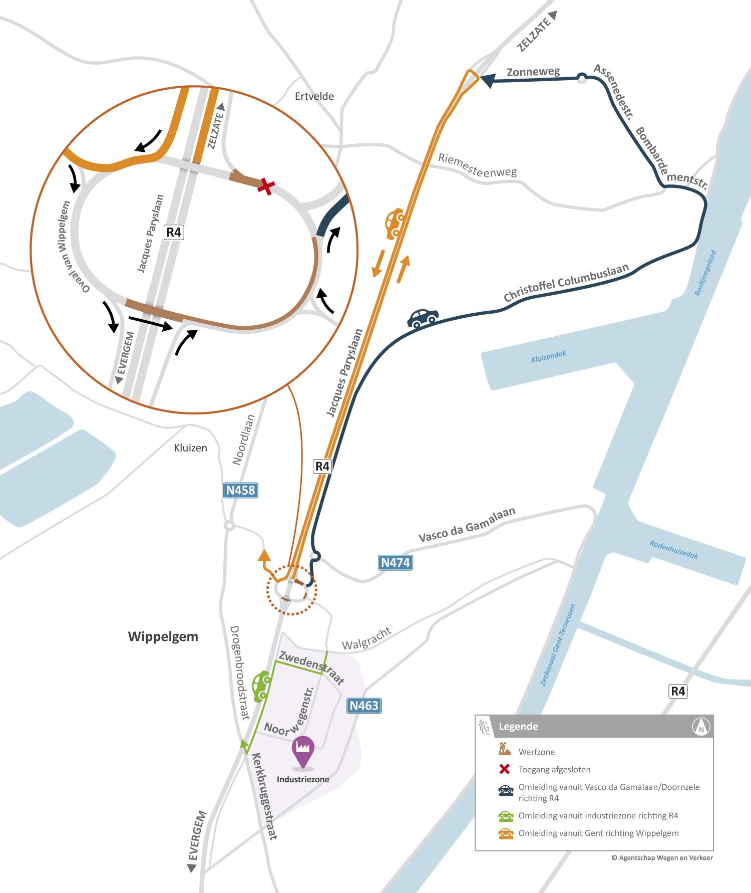Kaart met de verschillende omleidingsroutes voor de werken aan het Ovaal van Wippelgem