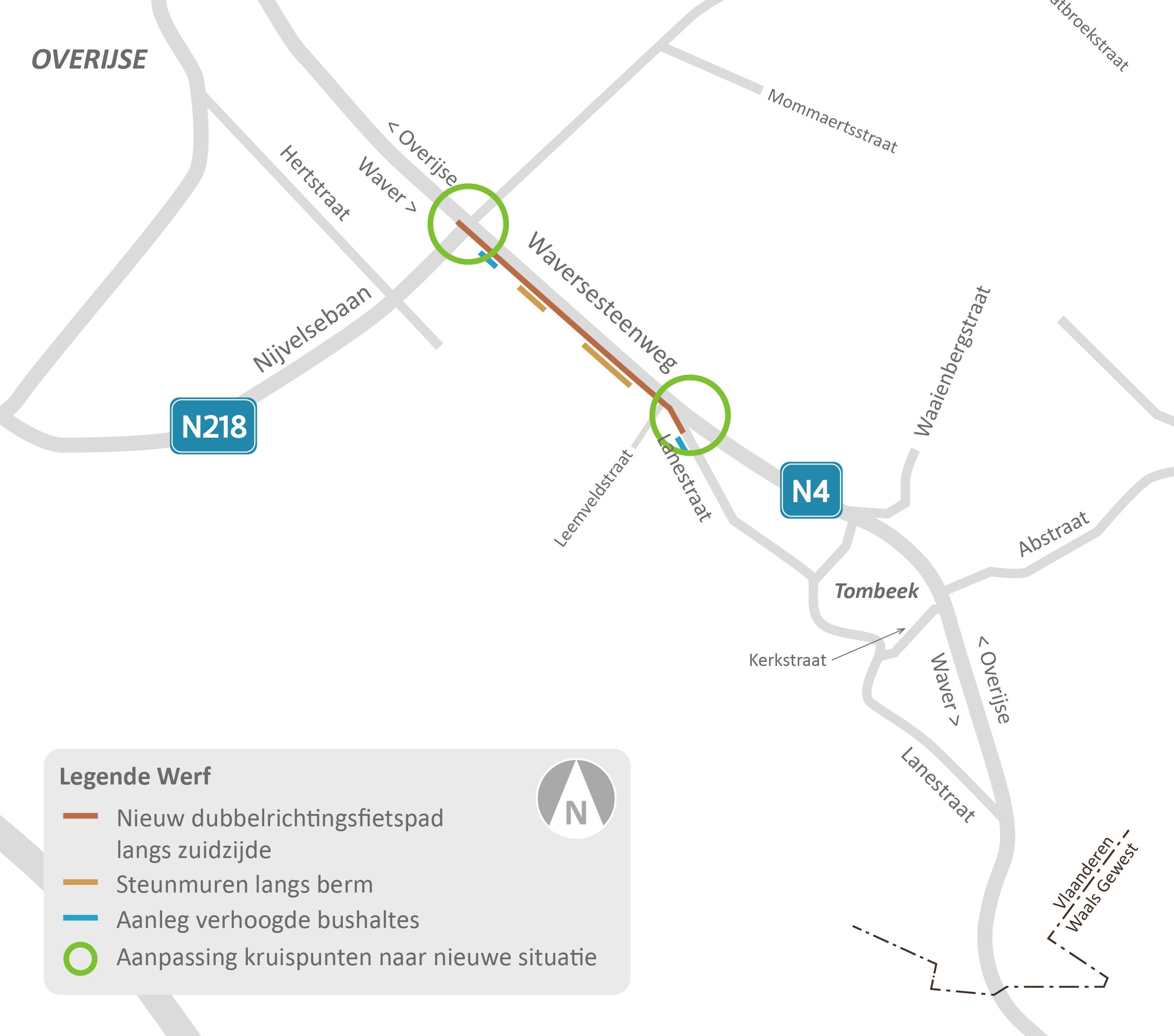 Situeringskaart werfzone nieuw dubbelrichtingsfietspad Waversesteenweg (N4)