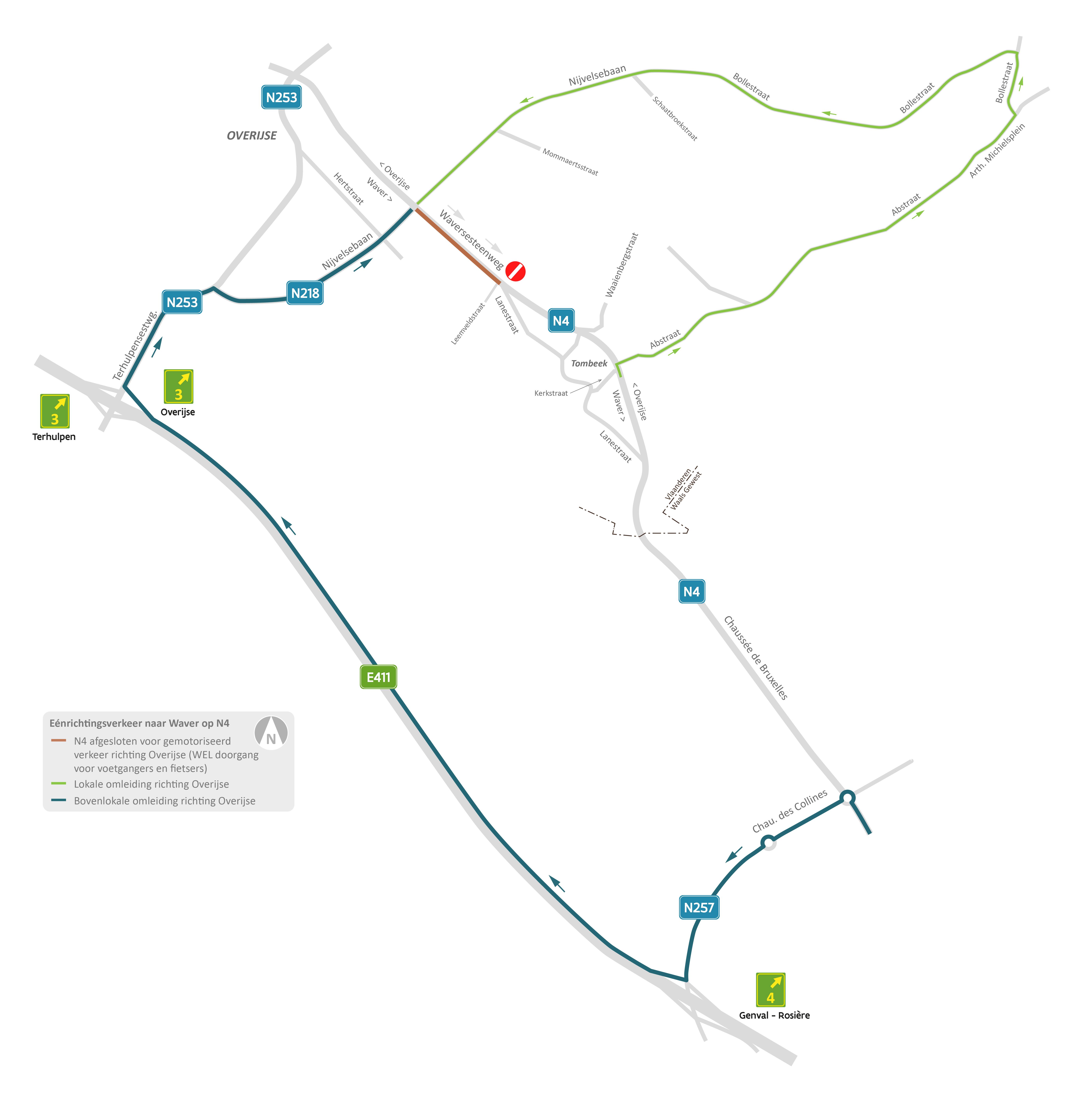 Omleiding richting Overijse tijdens éénrichtingsverkeer van de Waversesteenweg (N4)