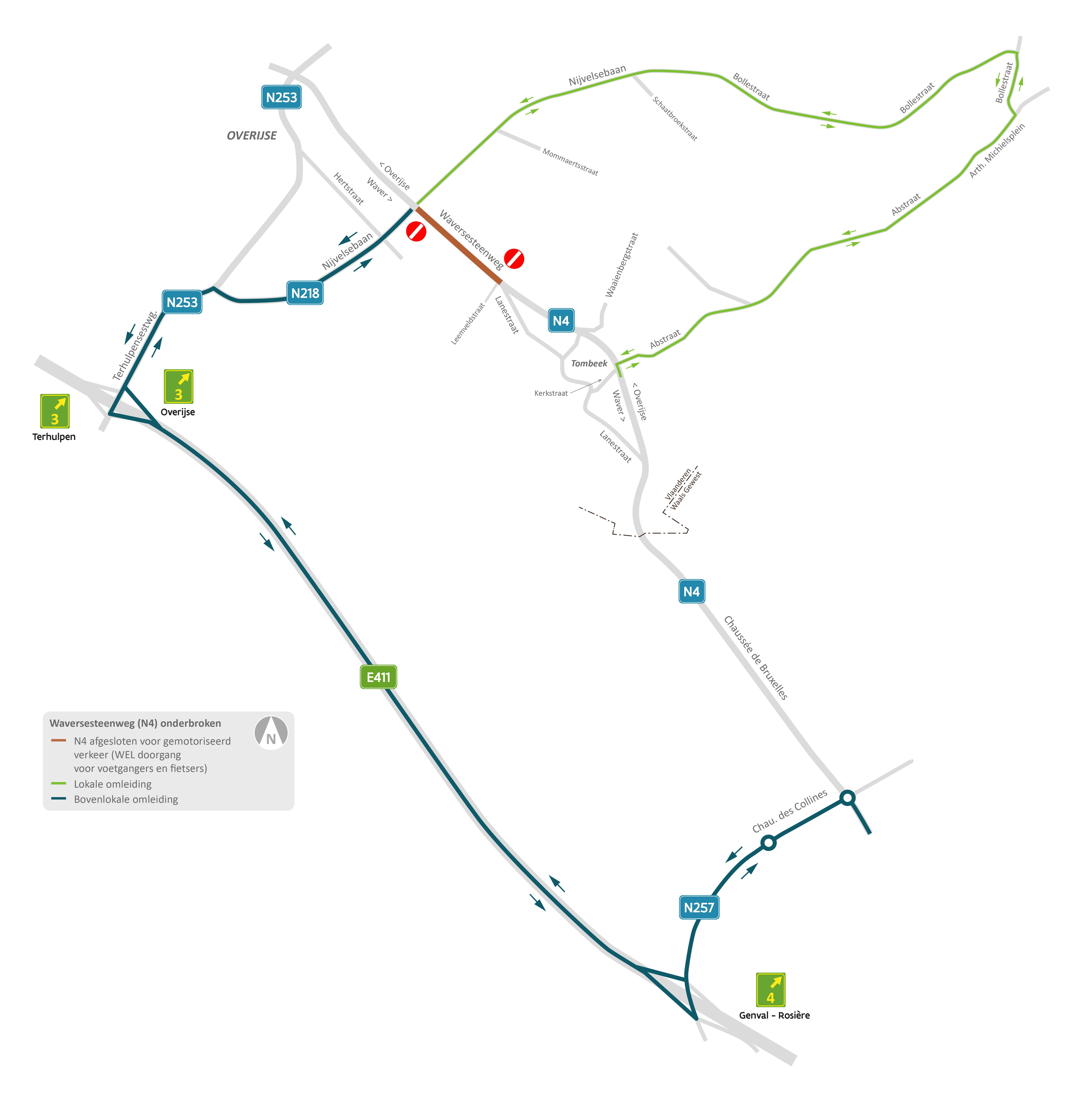 Omleiding tijdens onderbreking van de Waversesteenweg (N4) in Overijse
