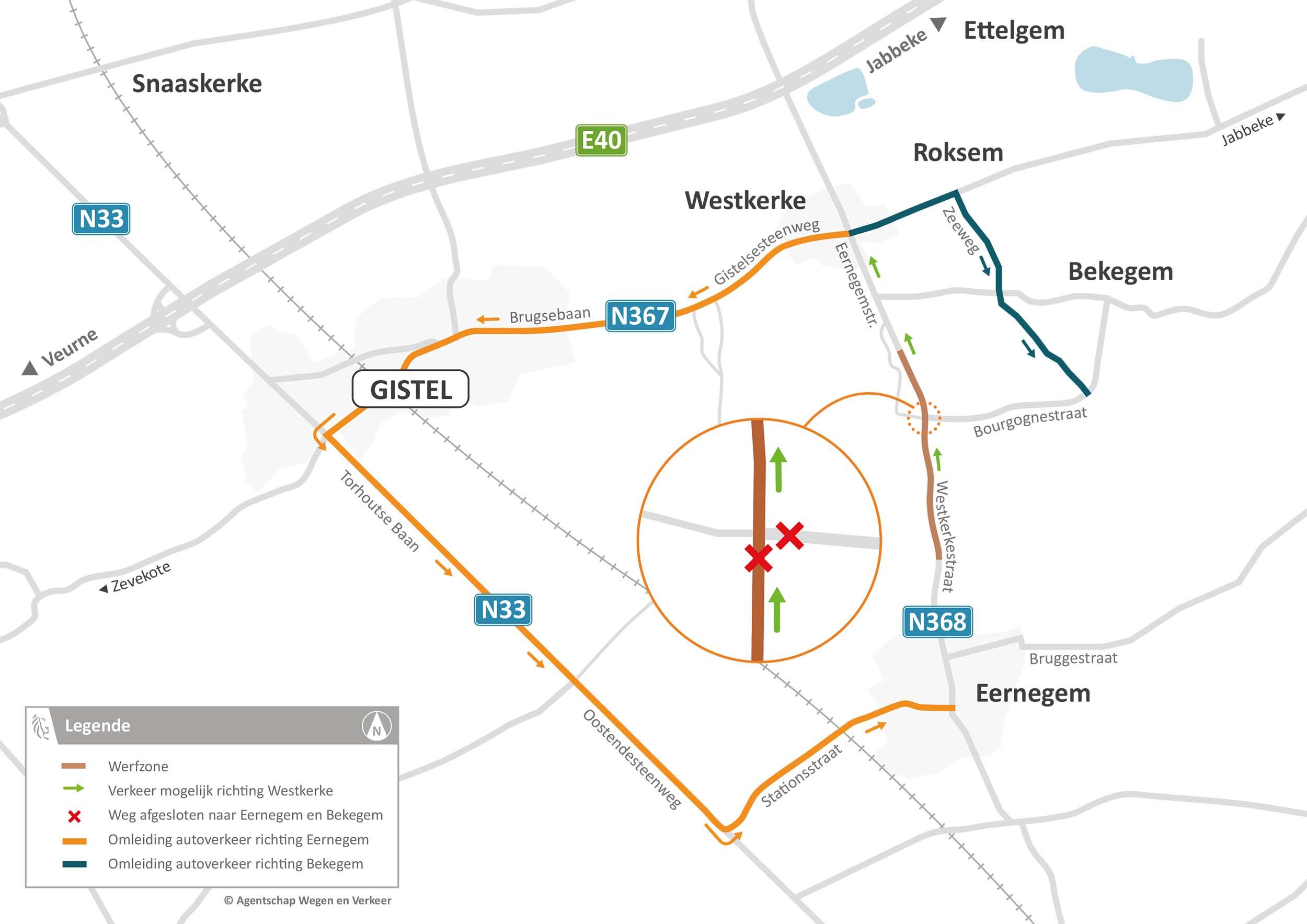 Deze kaart toont hoe het autoverkeer moet omrijden tijdens de werken aan de fietspaden op de Eernegemstraat en Westkerkestraat.