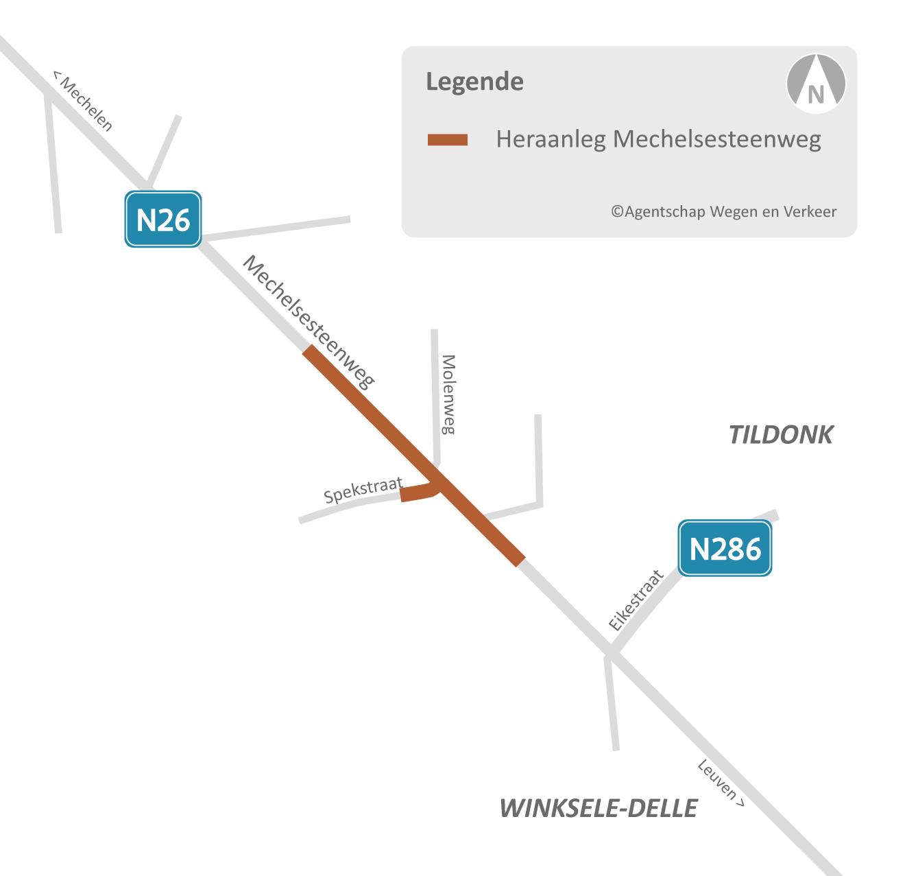 Locatie van herinrichting van Mechelsesteenweg en het kruispunt met de Molenweg in Herent