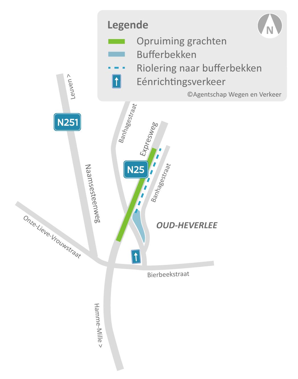 Situeringskaart aanleg bufferbekken in talud Banhagestraat met Expresweg (N25)
