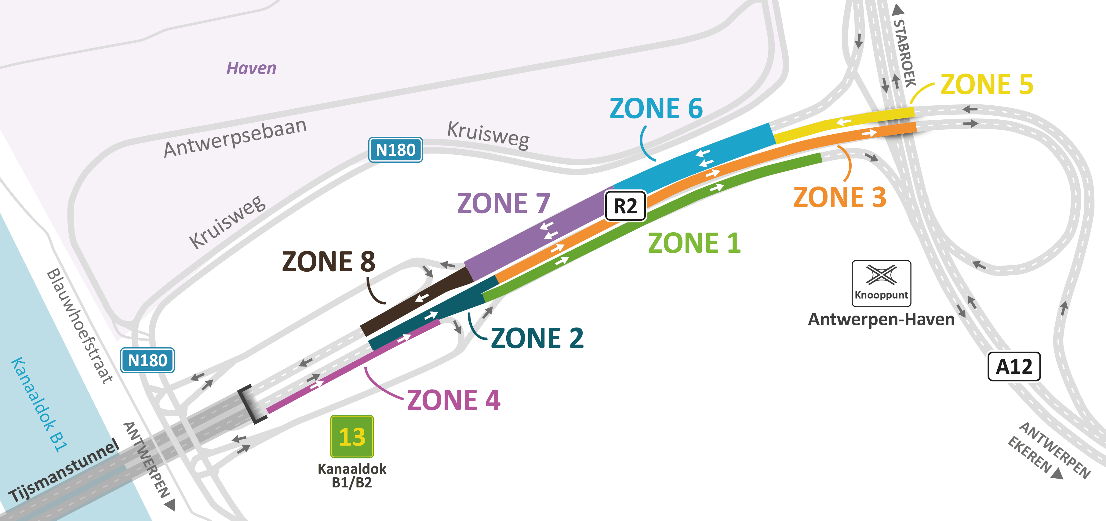 visuele voorstelling van de verschillende zones waarin gewerkt wordt op de R2 tussen complex Antwerpen-Haven en de Tijsmanstunnel